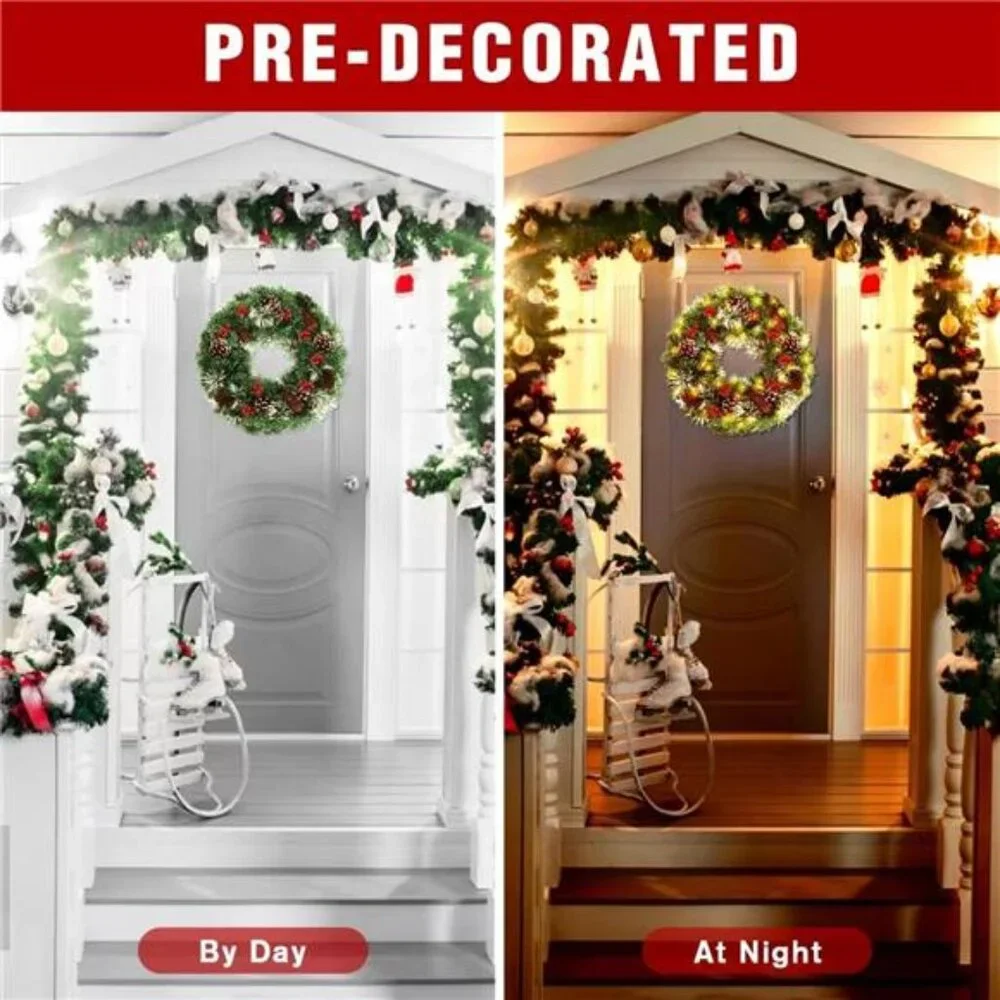 18'' Pre-Lit Christmas Wreath‎ with Pine Cones, Berries, 50 LED Lights & Timer